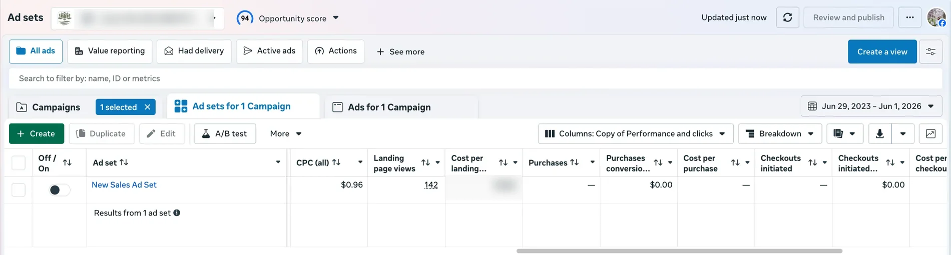Lotus Vita — Before. Their entire paid history before us, in one row: 142 landing page views, no purchases, and $0.00 in conversion value. This is why they switched the ads off.