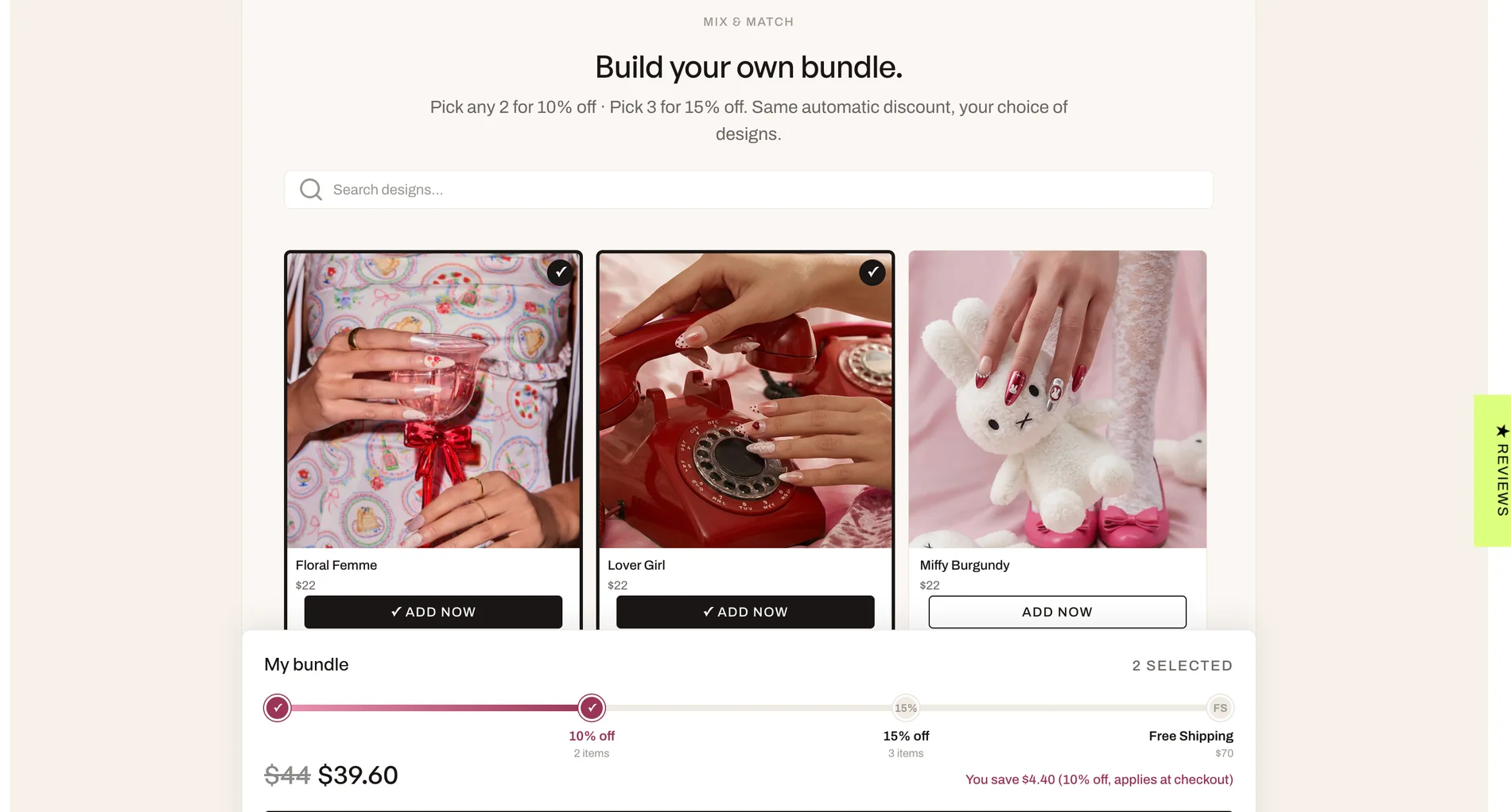 Never Have I Ever — Built by Ise. The AOV fix. A custom bundle builder: pick any 2 for 10% off, 3 for 15%, free shipping at $70, with a live progress bar pulling shoppers up to the next tier instead of discounting a single set.