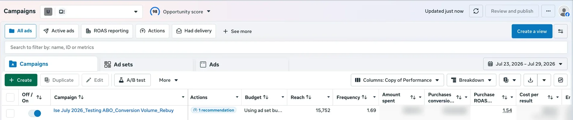 Uava Labs — After. Our campaign across a full week of real spend, not one lucky day: 1.54× purchase ROAS, clear of the 1.5× breakeven.